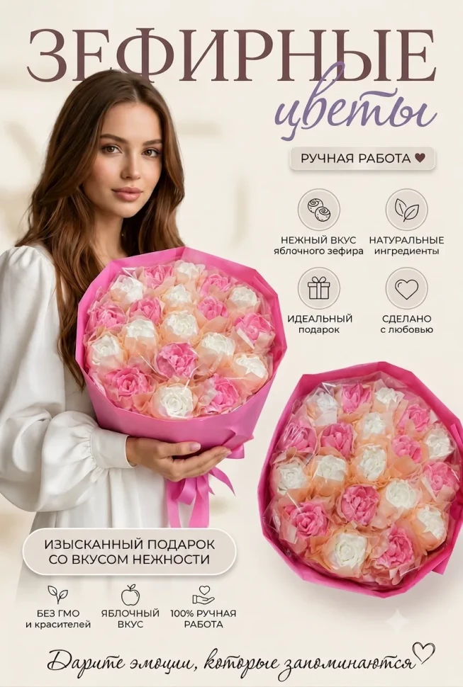  Букет Зефирный Размер XL бело-розовый,350г(цвет упаковочного материала может отличаться от фото на сайте) в Керчи
